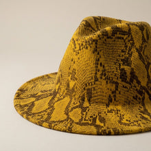 Load image into Gallery viewer, Fedora Mustard Yellow and Brown Snake Print Hat
