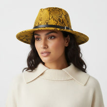 Load image into Gallery viewer, Fedora Mustard Yellow and Brown Snake Print Hat
