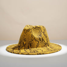 Load image into Gallery viewer, Fedora Mustard Yellow and Brown Snake Print Hat
