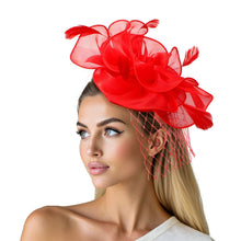 Load image into Gallery viewer, DST Red Flower Net Derby Tilt Feather Fascinator
