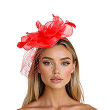 Load image into Gallery viewer, DST Red Flower Net Derby Tilt Feather Fascinator
