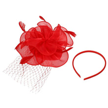 Load image into Gallery viewer, DST Red Flower Net Derby Tilt Feather Fascinator
