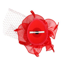 Load image into Gallery viewer, DST Red Flower Net Derby Tilt Feather Fascinator
