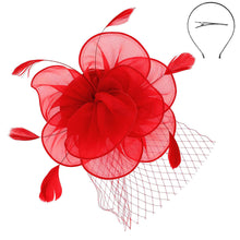 Load image into Gallery viewer, DST Red Flower Net Derby Tilt Feather Fascinator
