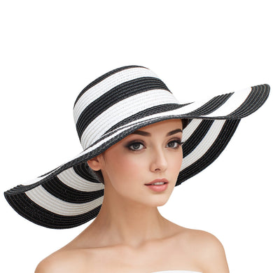 Straw Hat Vogue Black White Striped Wide Brim Hat