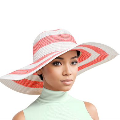 Straw Hat Vogue Pink White Striped Wide Brim Hat