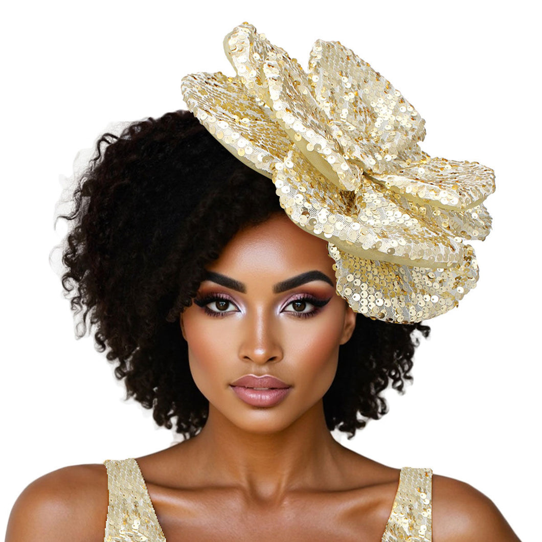 XL Flower Gold Sequin Hair Clip Headband Brooch