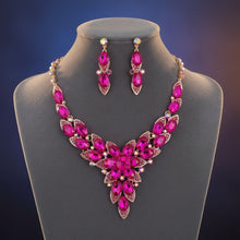 Load image into Gallery viewer, Fuchsia Oval Crystal Petal V Shape Formal Necklace
