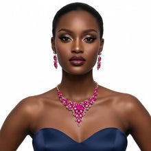 Load image into Gallery viewer, Fuchsia Oval Crystal Petal V Shape Formal Necklace

