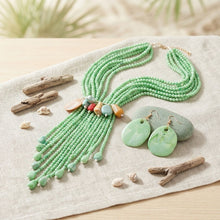Load image into Gallery viewer, Marbled Green and Stone Bead Tassel Y Necklace
