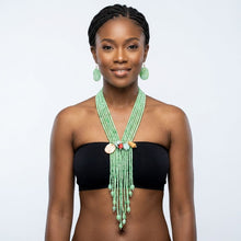 Load image into Gallery viewer, Marbled Green and Stone Bead Tassel Y Necklace
