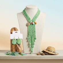 Load image into Gallery viewer, Marbled Green and Stone Bead Tassel Y Necklace
