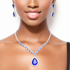 Formal Necklace Blue Teardrop Bling Set for Women