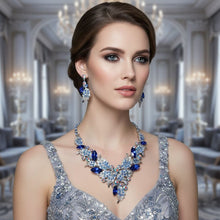 Load image into Gallery viewer, Blue Crystal Silver Leaf Petal Cut V Necklace
