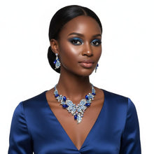 Load image into Gallery viewer, Blue Crystal Silver Leaf Petal Cut V Necklace
