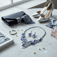 Load image into Gallery viewer, Blue Crystal Silver Leaf Petal Cut V Necklace
