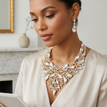 Load image into Gallery viewer, Clear Glass Crystal Gold Flower Large Bib Necklace
