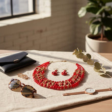 Load image into Gallery viewer, Red Glass Bead Woven Collar Bib Necklace
