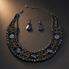 Load image into Gallery viewer, Navy Metallic Bead Woven Collar Bib Necklace
