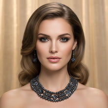 Load image into Gallery viewer, Navy Metallic Bead Woven Collar Bib Necklace
