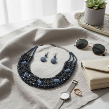 Load image into Gallery viewer, Navy Metallic Bead Woven Collar Bib Necklace
