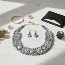 Load image into Gallery viewer, Silver Metallic Bead Woven Collar Bib Necklace
