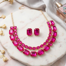 Load image into Gallery viewer, Fuchsia Emerald Cut Crystal 2 Row Necklace Set
