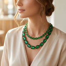 Load image into Gallery viewer, Green Emerald Cut Crystal 2 Row Necklace Set
