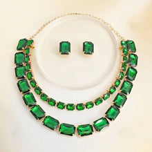 Load image into Gallery viewer, Green Emerald Cut Crystal 2 Row Necklace Set
