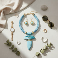 Load image into Gallery viewer, Turquoise Marbled Horn Pendant Multi Cord Necklace

