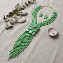 Load image into Gallery viewer, Marbled Green Bead Multi Strand Tassel Necklace
