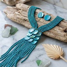 Load image into Gallery viewer, Marbled Green Bead Multi Strand Tassel Necklace

