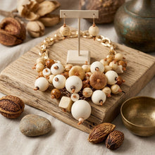 Load image into Gallery viewer, Natural Wood Chunky Geometric Bead Bib Necklace
