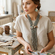 Load image into Gallery viewer, Marbled Gray and Stone Bead Tassel Y Necklace
