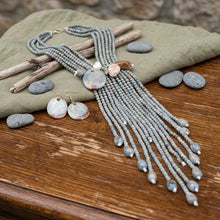 Load image into Gallery viewer, Marbled Gray and Stone Bead Tassel Y Necklace
