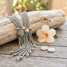 Load image into Gallery viewer, Marbled Gray and Stone Bead Tassel Y Necklace
