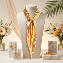 Load image into Gallery viewer, Marbled Mustard and Stone Bead Tassel Y Necklace
