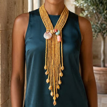 Load image into Gallery viewer, Marbled Mustard and Stone Bead Tassel Y Necklace
