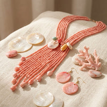 Load image into Gallery viewer, Marbled Pink and Stone Bead Tassel Y Necklace

