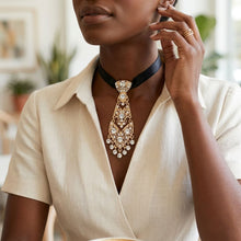 Load image into Gallery viewer, Gold Filigree Rhinestone Necktie Choker Necklace

