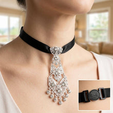 Load image into Gallery viewer, Silver Filigree Rhinestone Necktie Choker Necklace
