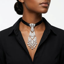 Load image into Gallery viewer, Silver Filigree Rhinestone Necktie Choker Necklace
