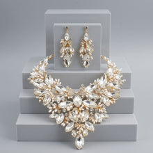 Load image into Gallery viewer, Gold Glass Crystal Floral Large Bib Necklace Set
