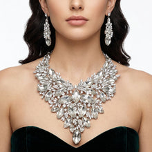 Load image into Gallery viewer, Silver Glass Crystal Floral Large Bib Necklace Set
