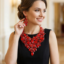 Load image into Gallery viewer, Red Glass Crystal Floral Large Bib Necklace Set

