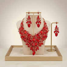 Load image into Gallery viewer, Red Glass Crystal Floral Large Bib Necklace Set

