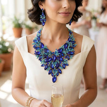 Load image into Gallery viewer, Blue Glass Crystal Floral Large Bib Necklace Set
