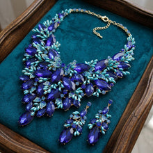 Load image into Gallery viewer, Blue Glass Crystal Floral Large Bib Necklace Set
