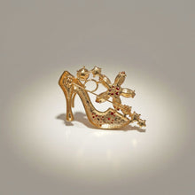 Load image into Gallery viewer, Brooch Red Crystal High Heel Flower Gold Pin
