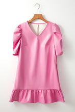 Load image into Gallery viewer, Sachet Pink Pleather Bubble Short Sleeve V Neck Ruffled Hem Mini Dress
